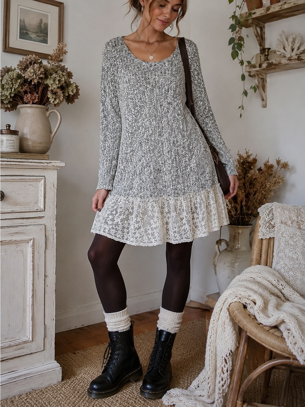 Made in USA Knit Lace Ruffle Dress Med Boho Lagenlook Romantic Cottagecore 90s